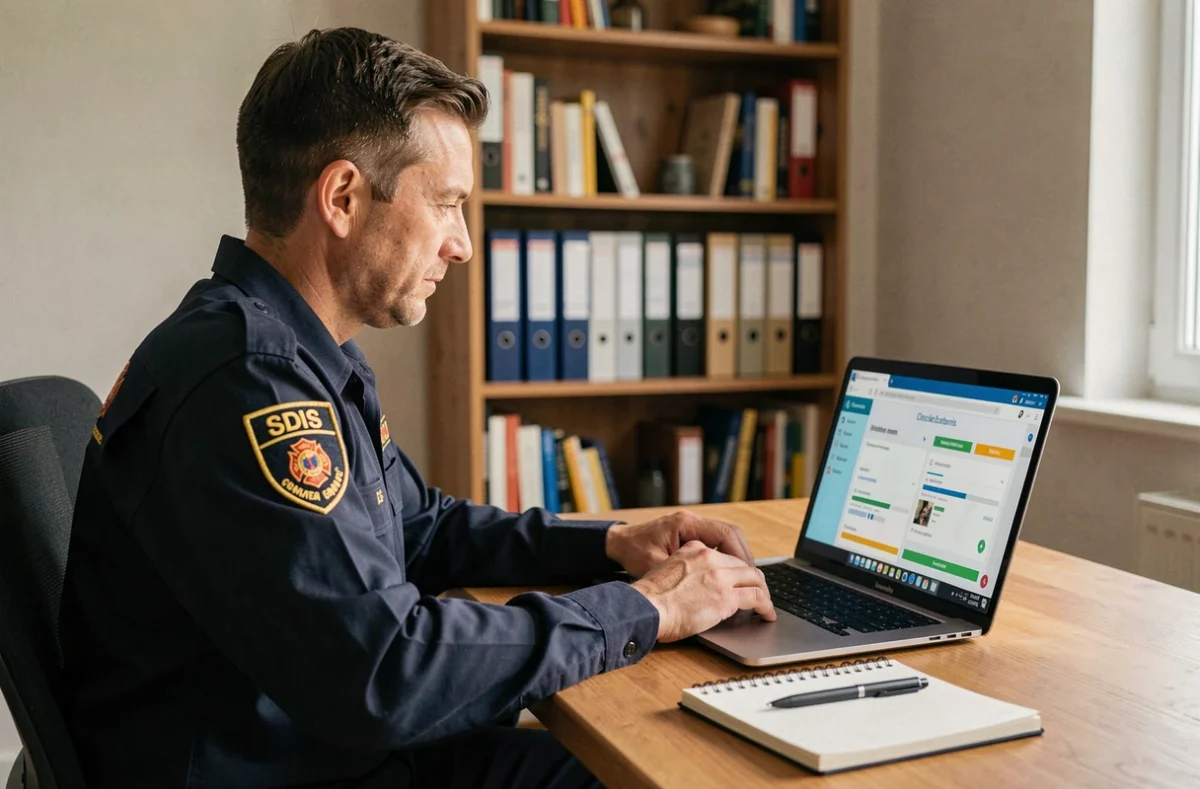 Sapeur-pompier en uniforme SDIS suivant une formation en ligne sur son ordinateur portable depuis son bureau à domicile