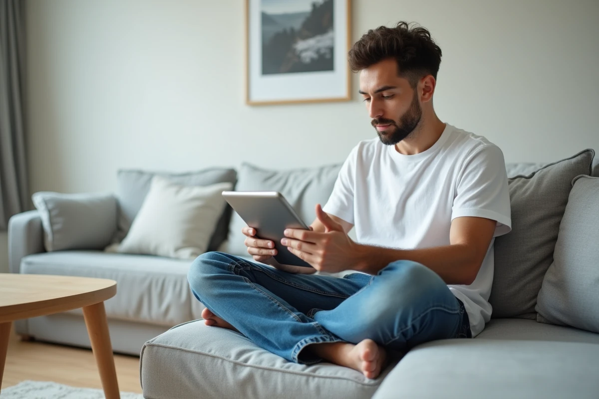 Jeune homme utilisant une tablette pour se connecter au portail Orange dans un salon moderne