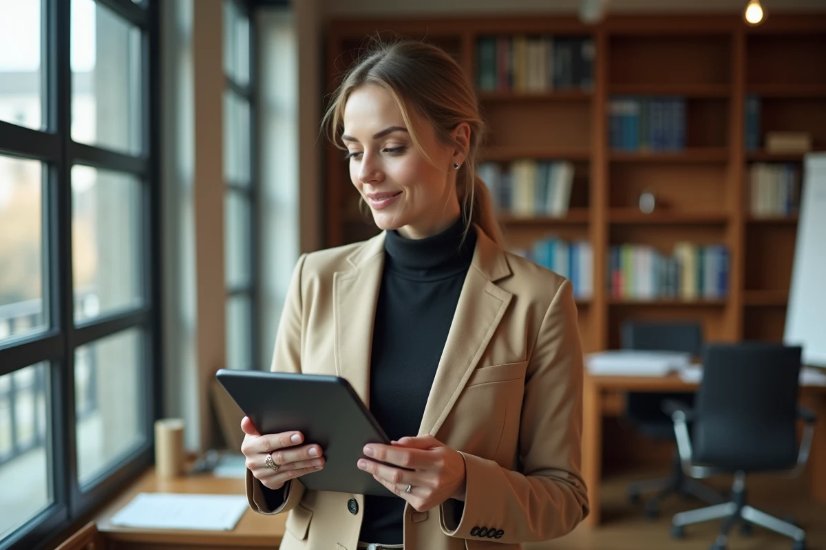 Professeure consultant sa messagerie institutionnelle UGA sur une tablette dans un bureau universitaire