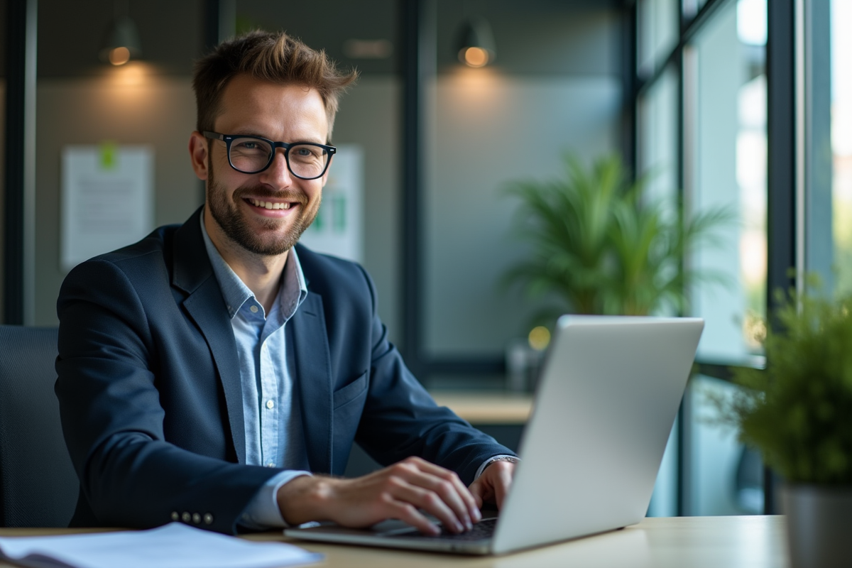 Jeune homme professionnel en informatique au bureau avec un cadenas vert HTTPS