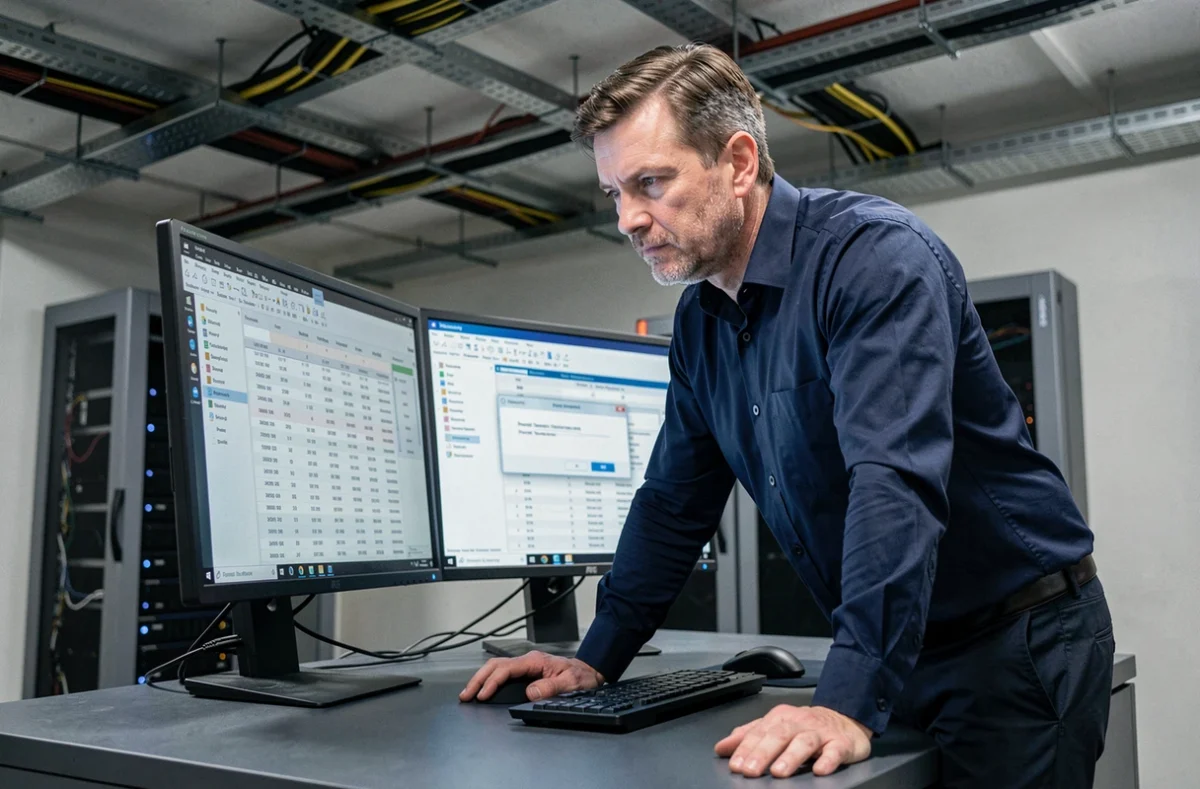 Professionnel informatique analysant une protection par mot de passe sur une feuille Excel dans une salle technique