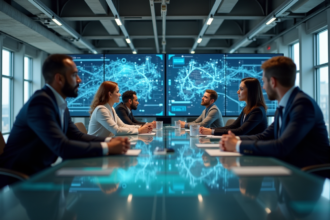 Groupe de professionnels IT en discussion dans un bureau moderne