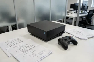 Prototype de console Xbox nouvelle génération posé sur un bureau avec des documents de brevets Microsoft imprimés