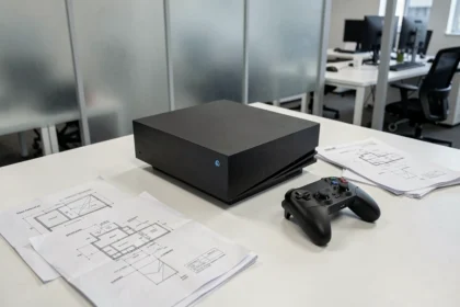 Prototype de console Xbox nouvelle génération posé sur un bureau avec des documents de brevets Microsoft imprimés