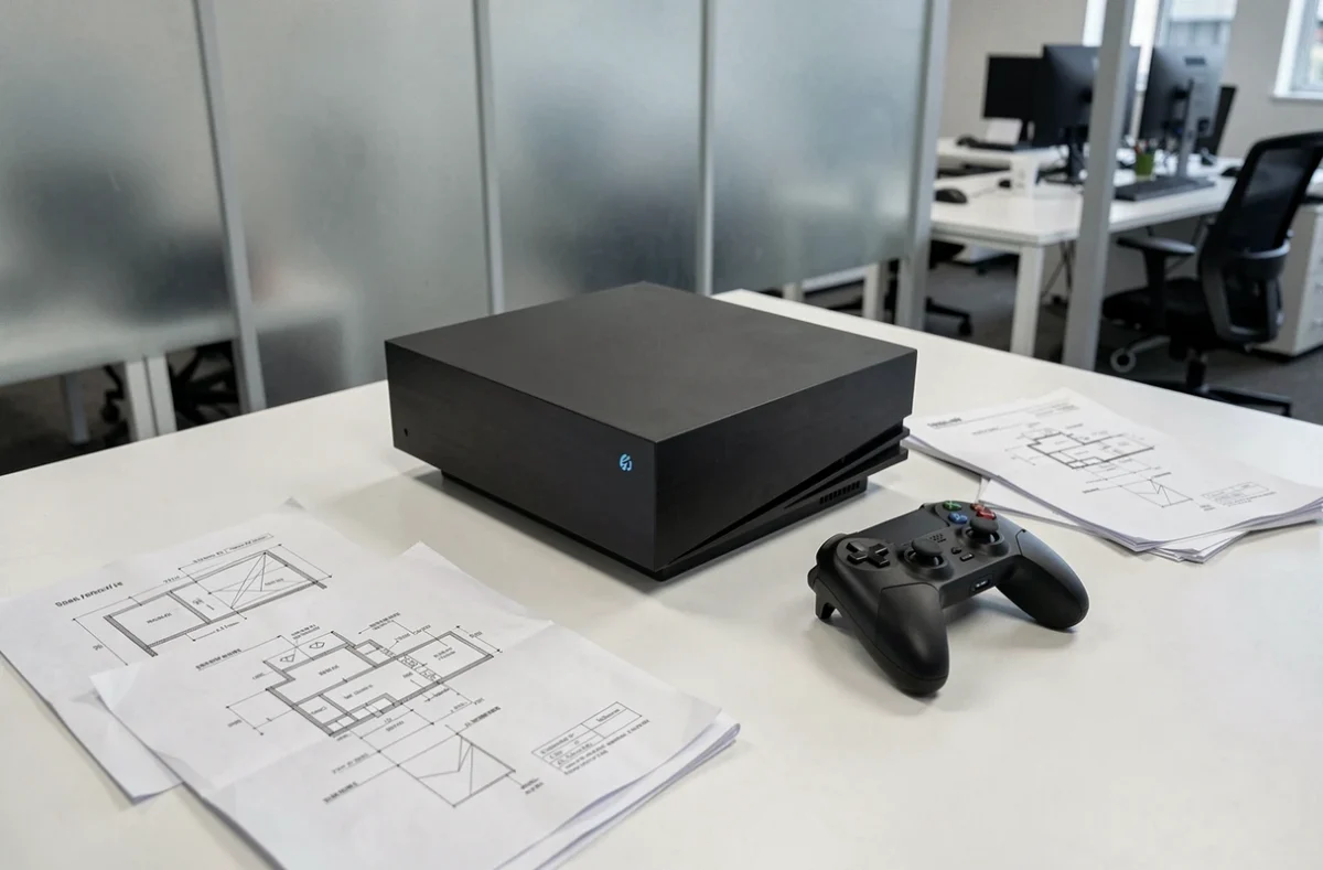 Prototype de console Xbox nouvelle génération posé sur un bureau avec des documents de brevets Microsoft imprimés