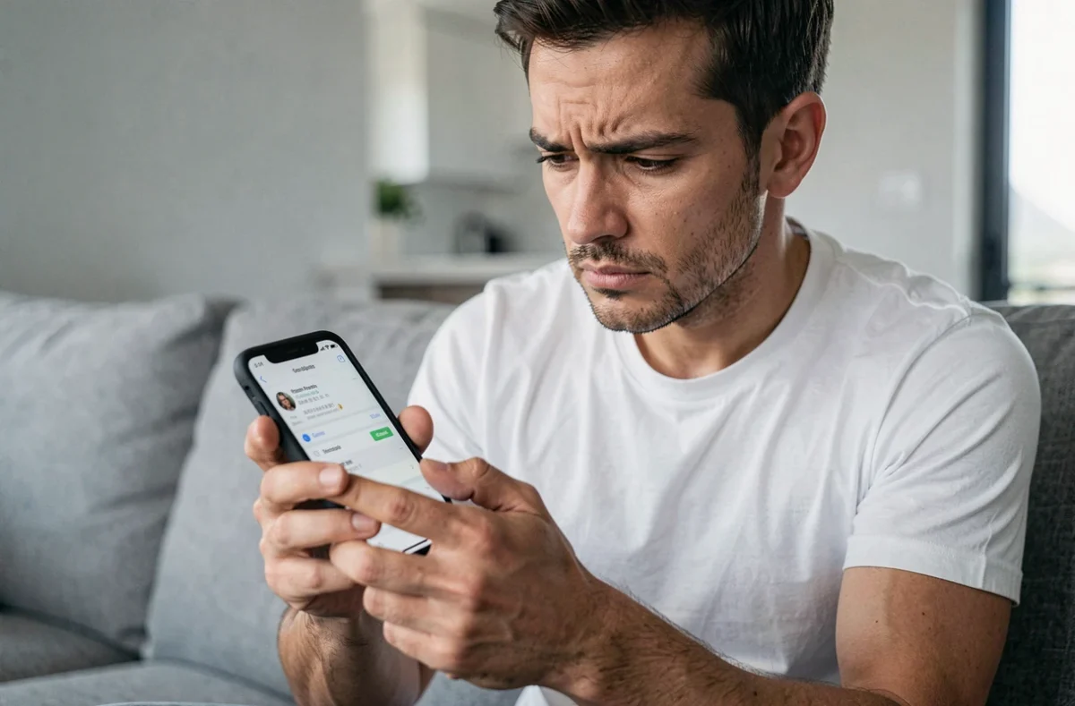 Homme utilisant la recherche inversée d'image sur smartphone pour retrouver une personne et vérifier son identité en ligne