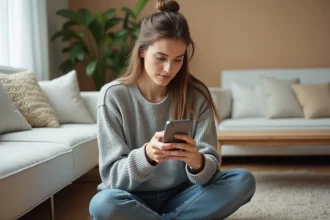 Jeune femme consultant des stories Instagram sur son smartphone sans compte connecté, assise dans un salon moderne
