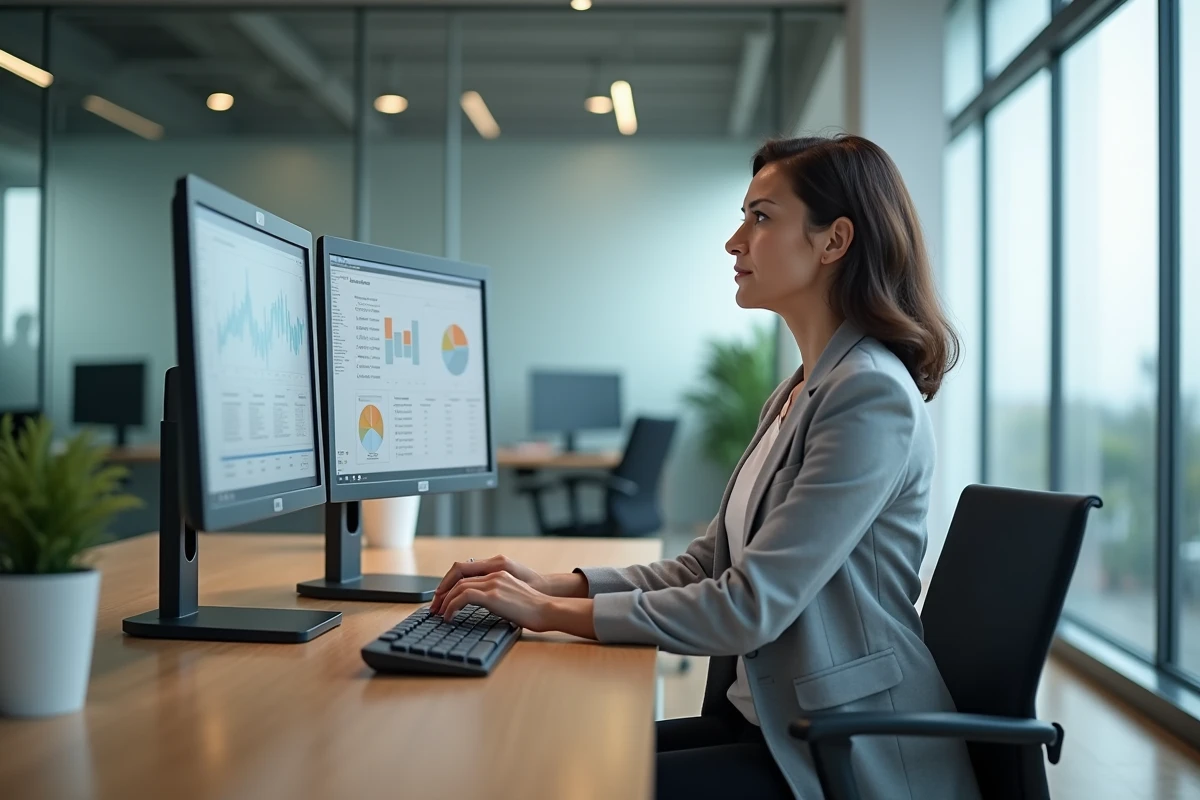 Responsable IT analysant les métriques de virtualisation Citrix sur un poste de travail en environnement de bureau d'entreprise