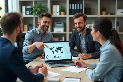 Groupe de collaborateurs en réunion autour d'un ordinateur