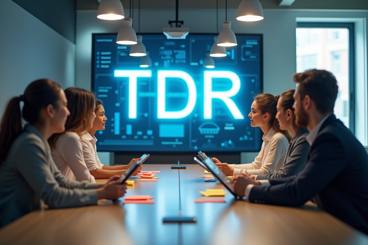 Groupe de professionnels collaborant autour d un ecran TDR en réunion