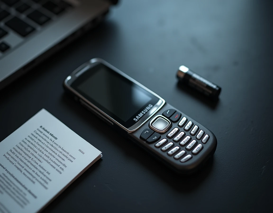 Samsung E250 ouvert avec batterie de remplacement et notice sur une table en ardoise, vue de dessus façon éditoriale