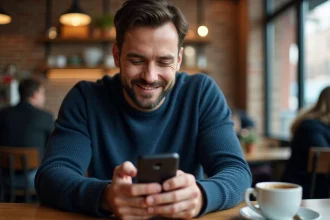 Homme vérifiant l'autonomie de la batterie d'un Samsung Galaxy dans un café urbain