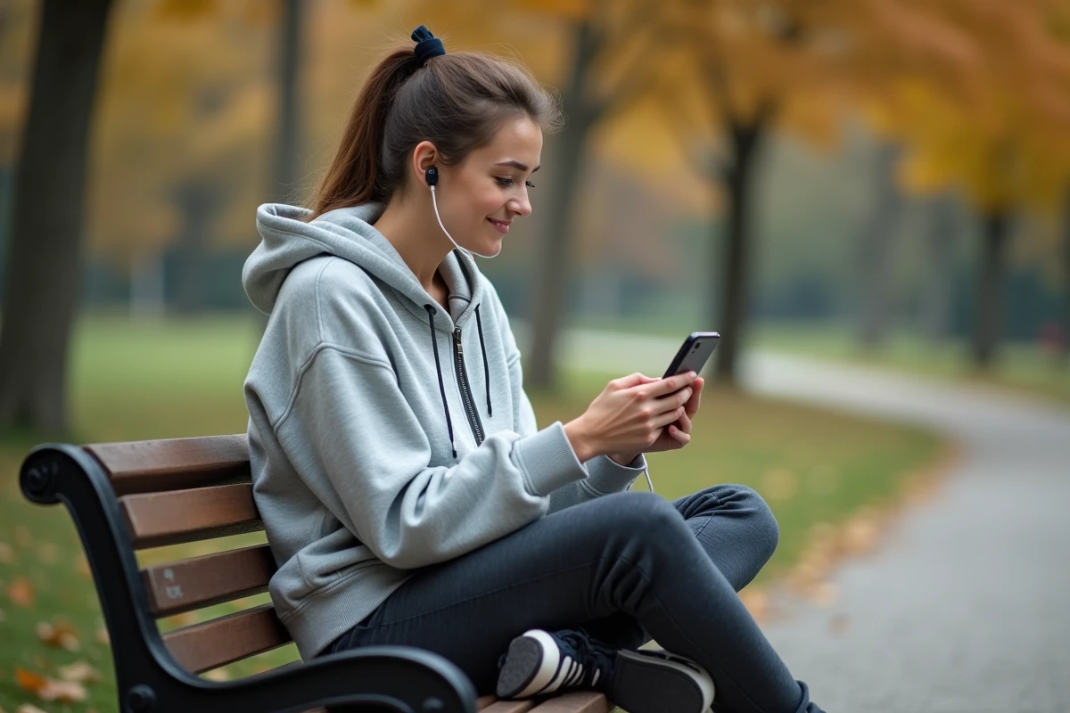 Femme utilisant un Samsung Galaxy connecté à une batterie externe dans un parc en automne