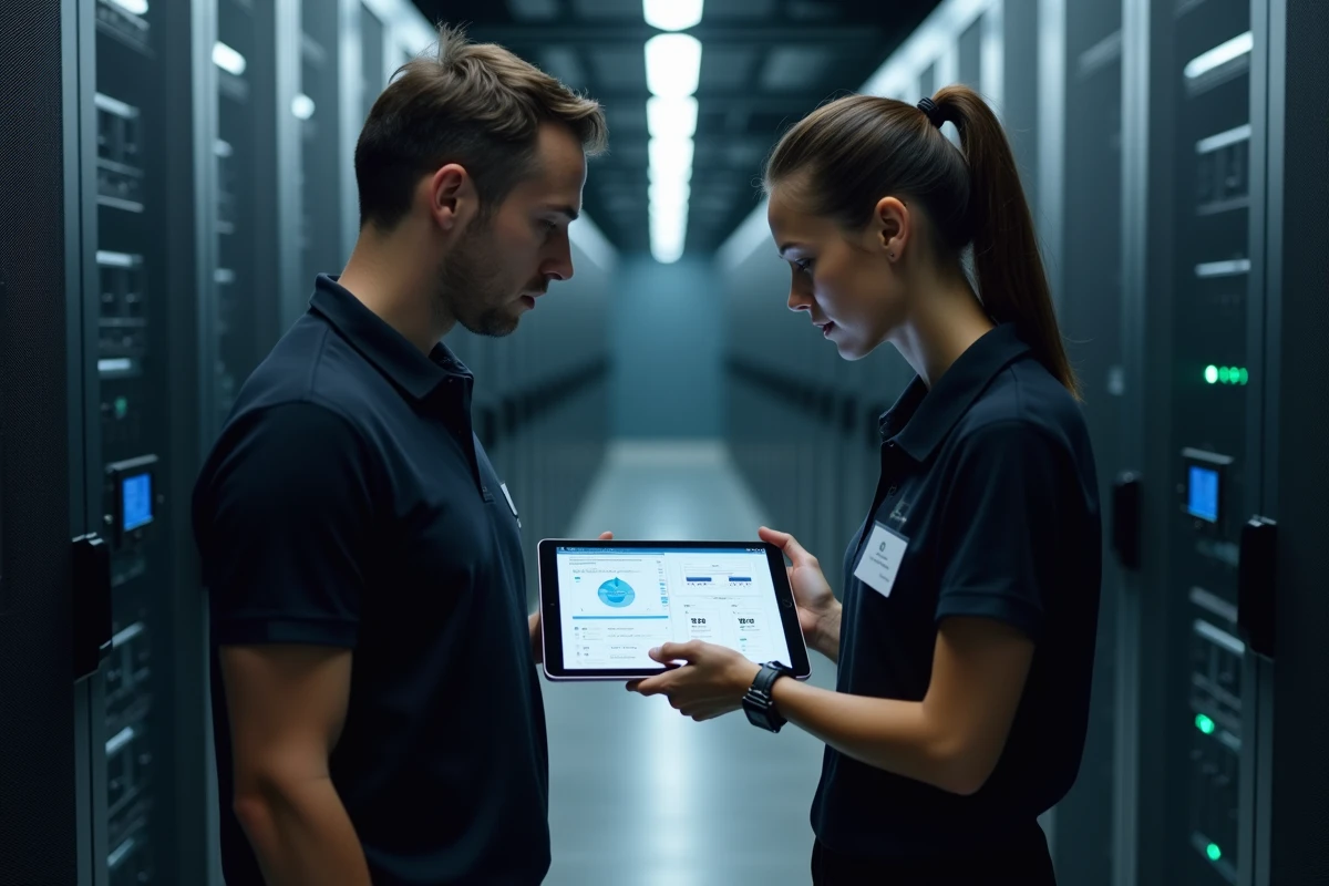 Deux informaticiens analysant la sécurité des données webmail dans une salle de serveurs professionnelle
