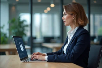 Femme professionnelle sécurisant son accès webmail sur un ordinateur portable au bureau en 2026