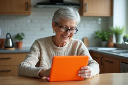Senioreuse souriante utilisant une tablette dans la cuisine