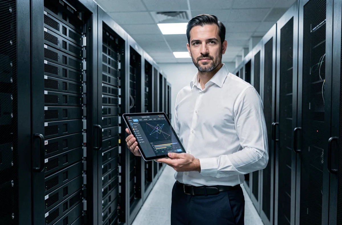 Consultant SGSI Paca dans une salle serveurs supervisant l'infrastructure réseau d'une entreprise