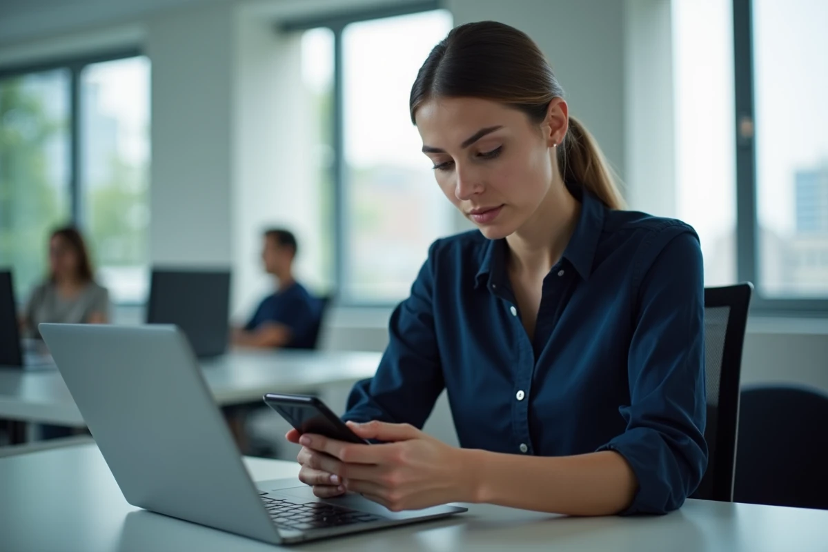 Femme en open space comparant son smartphone et son ordinateur pour envoyer un message anonyme