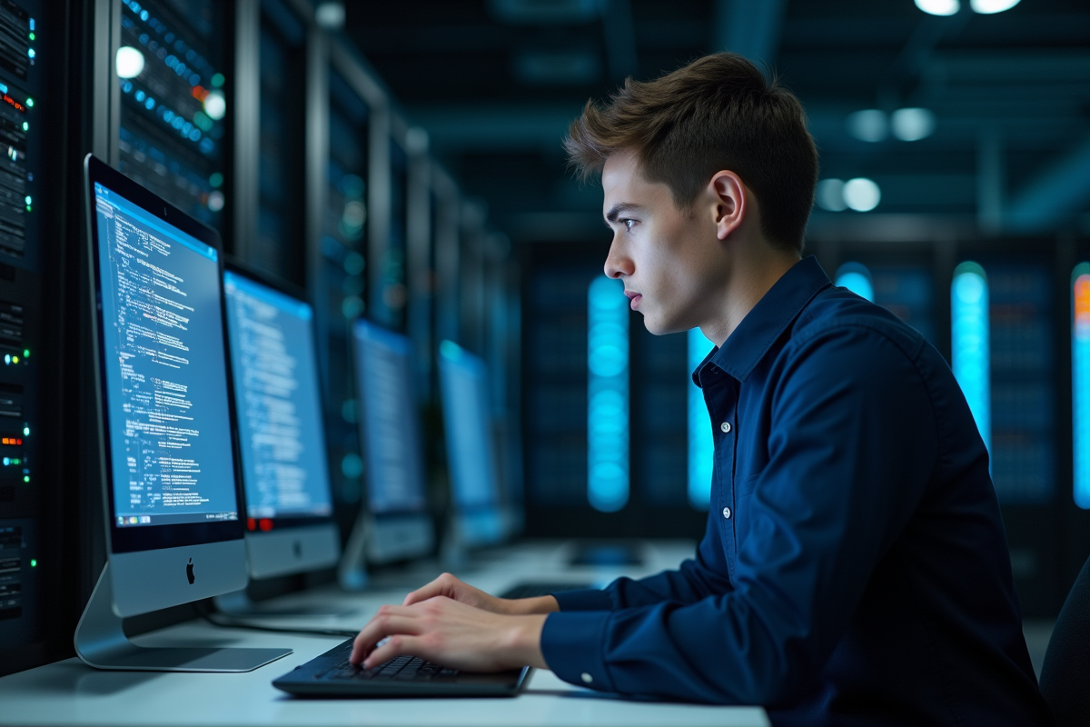 Jeune spécialiste cybersécurité travaillant sur un ordinateur dans un centre de données