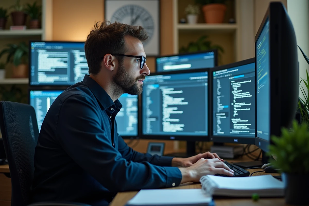Homme informatique travaillant sur son ordinateur dans un bureau