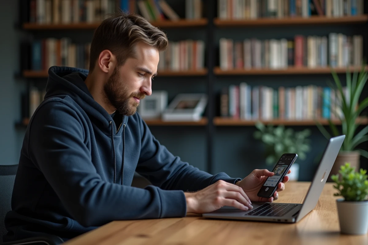 Homme consultant des stories Instagram anonymement depuis un ordinateur portable et un smartphone dans un bureau à domicile