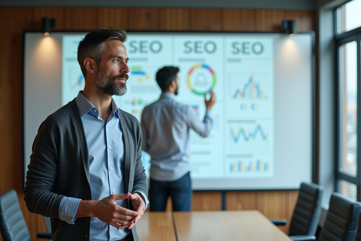 Homme stratège numérique expliquant des diagrammes SEO devant un tableau interactif