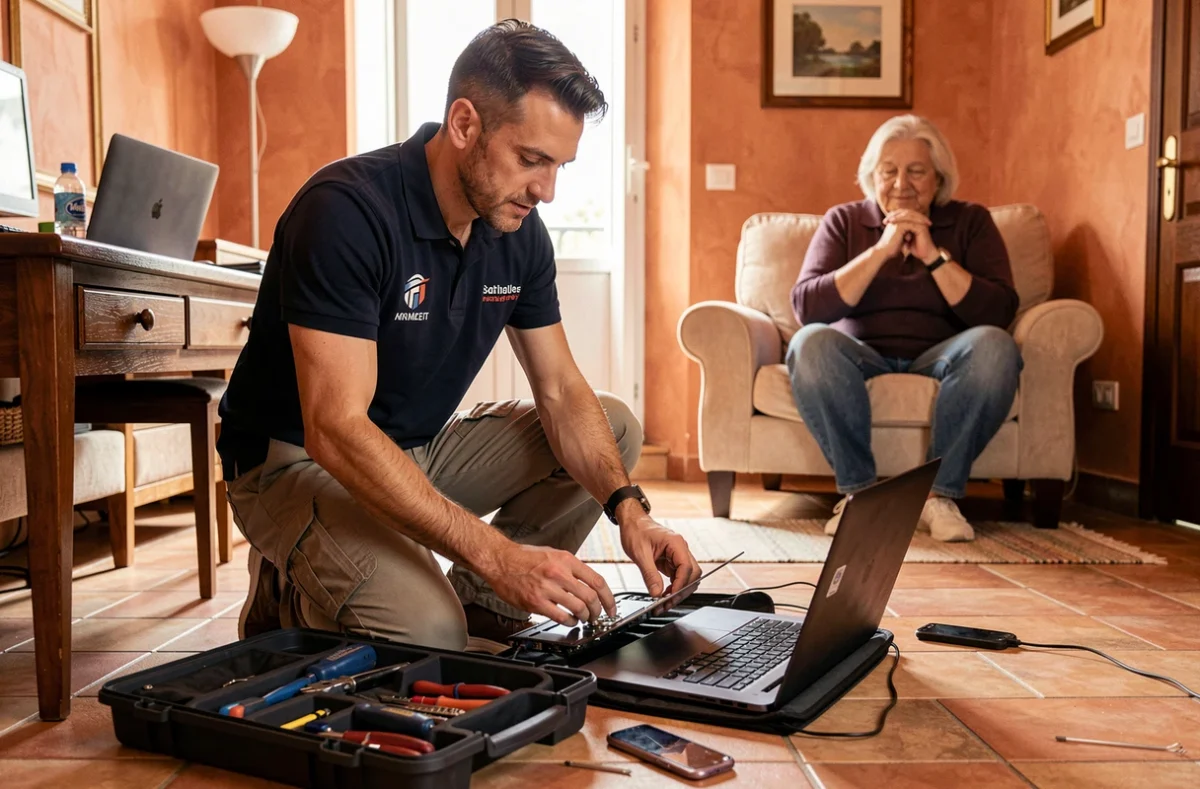 Technicien SuperGeek intervenant à domicile pour réparer un ordinateur portable chez un client à Marseille