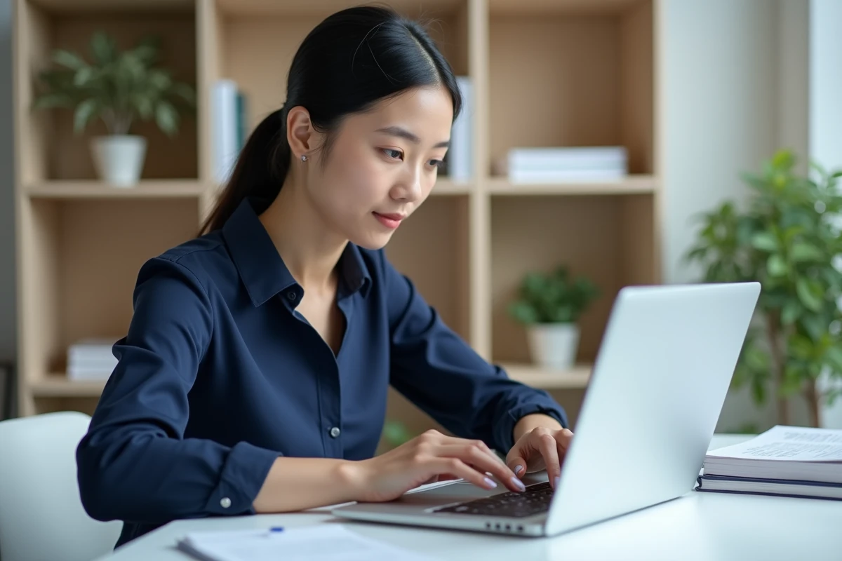 Femme professionnelle supprimant des pages d'un fichier PDF sur un ordinateur portable dans un bureau moderne épuré