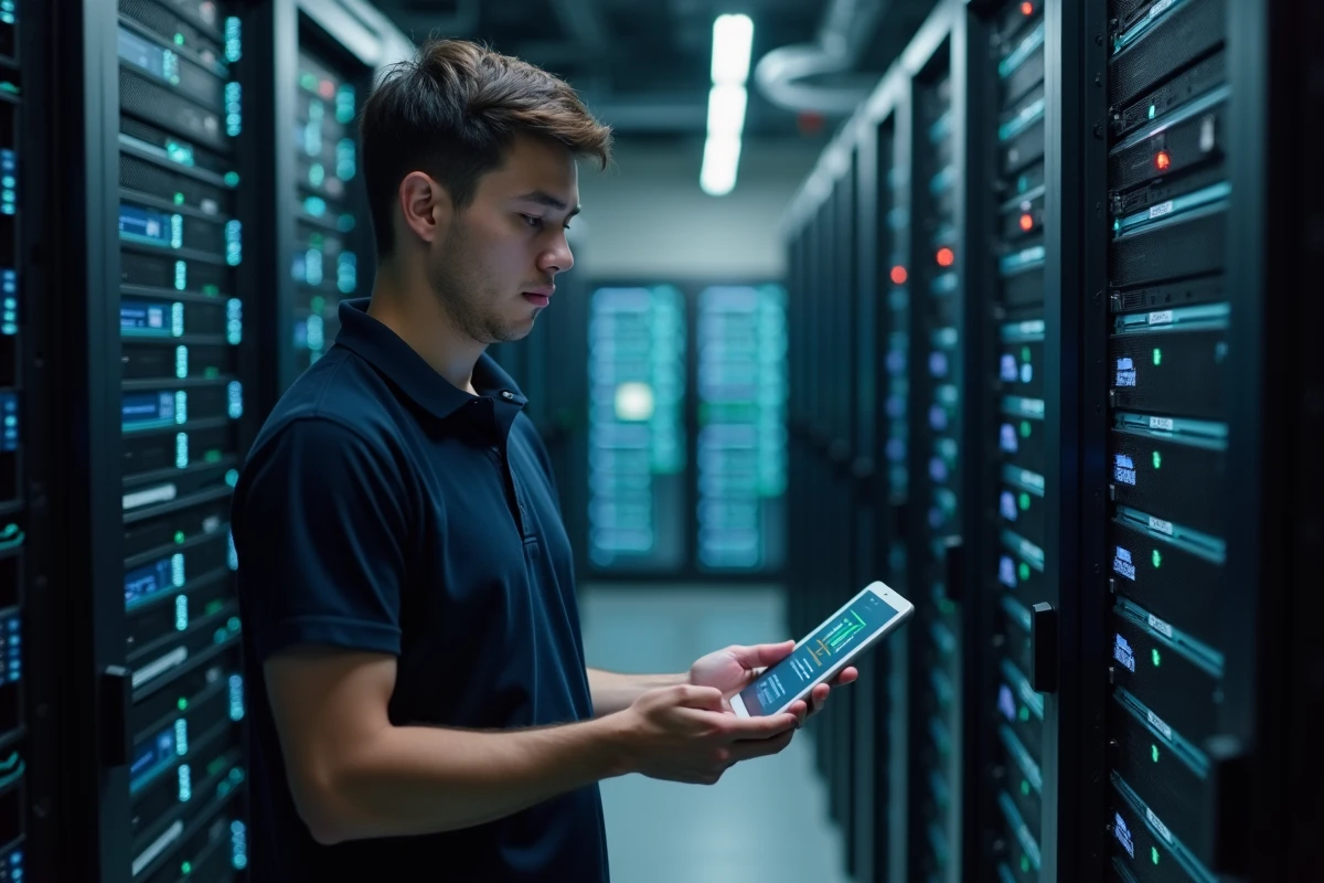 Technicien informatique analysant un diagnostic de connectivité sur tablette dans une salle serveurs pour résoudre une panne de service web