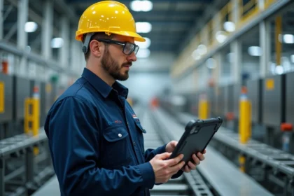 Technicien industriel homme avec tablette en usine moderne