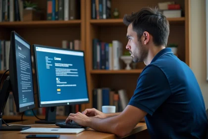 Technicien informatique consultant un écran d'installation Windows sur un bureau encombré dans un petit bureau à domicile