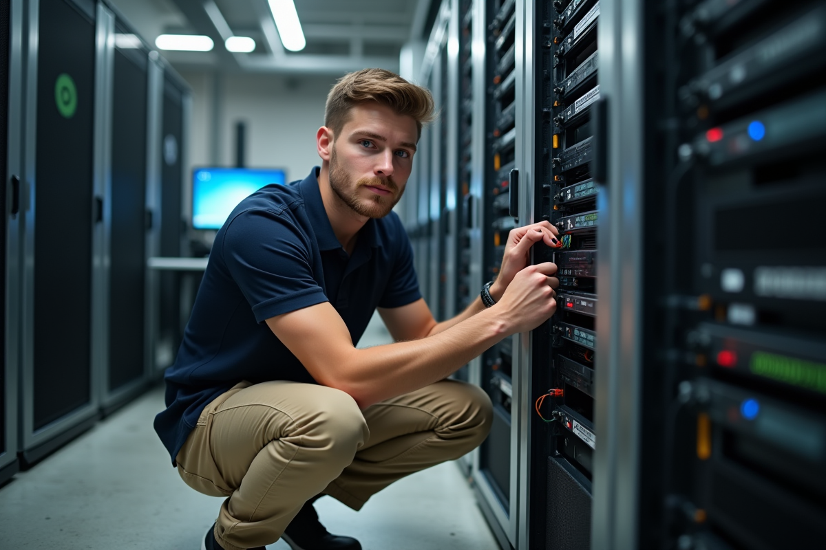 Jeune technicien câblant un serveur dans une salle informatique