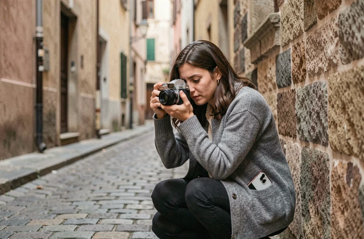 Photographe amateur testant un appareil compact dans une rue pavée européenne