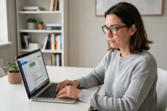 Femme transférant ses mails vers un webmail depuis un ordinateur portable dans un bureau à domicile