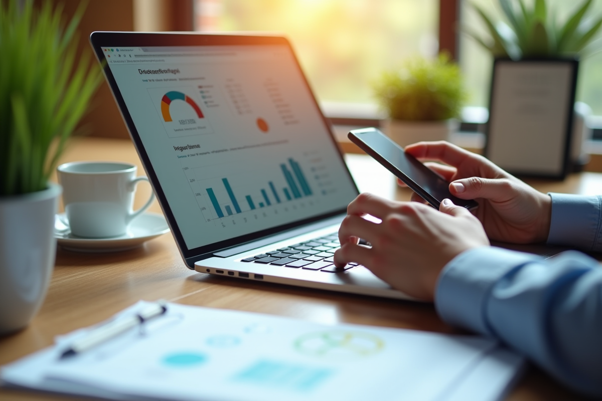 Main d’un professionnel utilisant un ordinateur portable et smartphone avec CRM