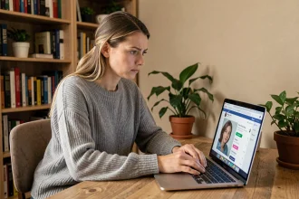 Femme vérifiant l'identité d'une personne sur un site de rencontre en comparant des photos sur son ordinateur portable