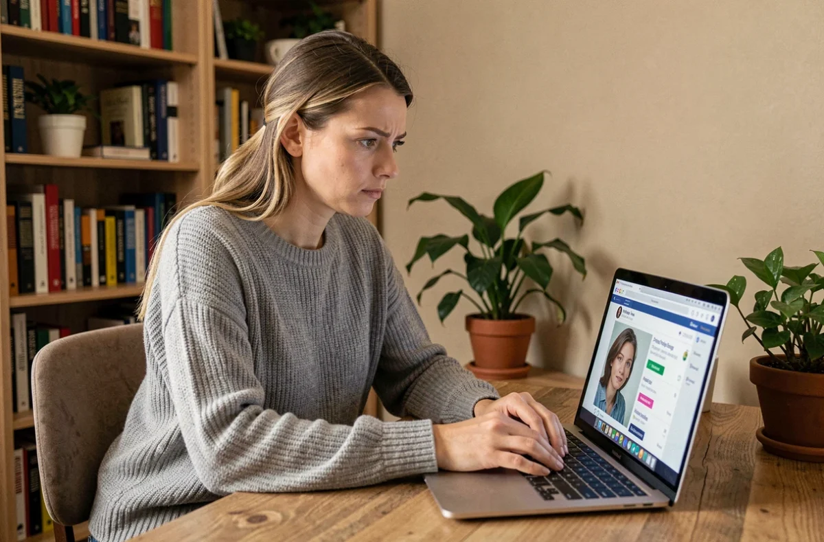 Femme vérifiant l'identité d'une personne sur un site de rencontre en comparant des photos sur son ordinateur portable