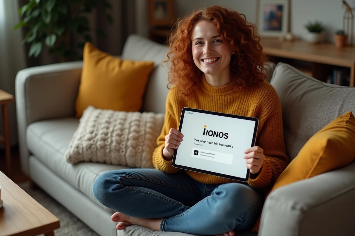 Jeune femme vérifiant la réussite de sa migration email vers IONOS Webmail sur une tablette depuis son salon