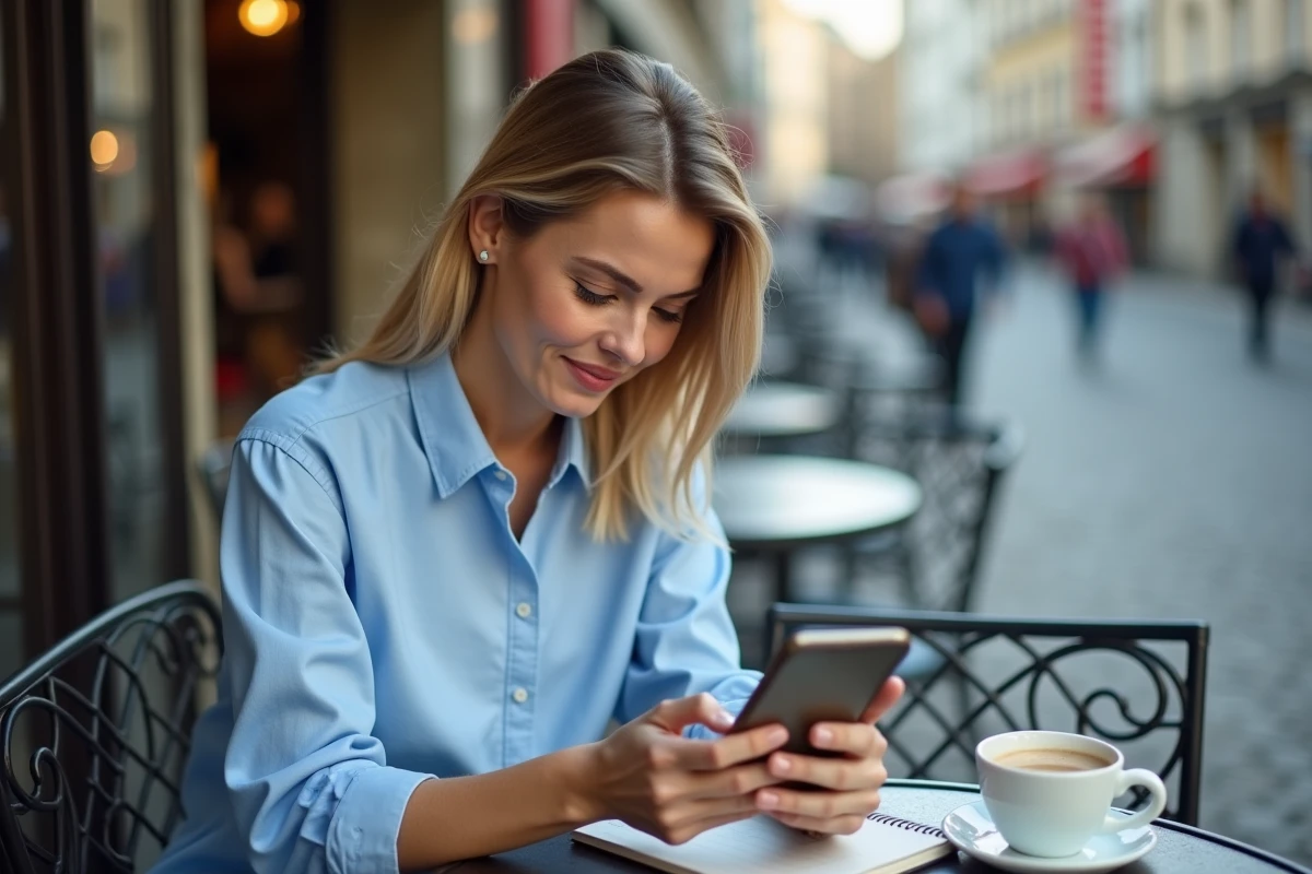 Femme regardant des stories Instagram sans être connectée depuis sa terrasse de café en ville