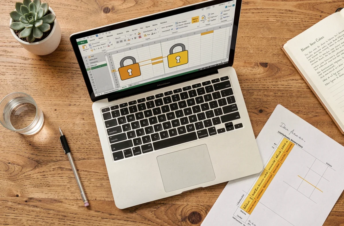 Vue aérienne d'un bureau à domicile avec un ordinateur portable affichant une feuille Excel protégée et des documents imprimés
