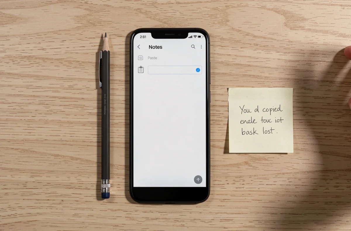 Vue aérienne d'un smartphone Android avec une zone de collage vide illustrant la perte de données dans le presse-papier