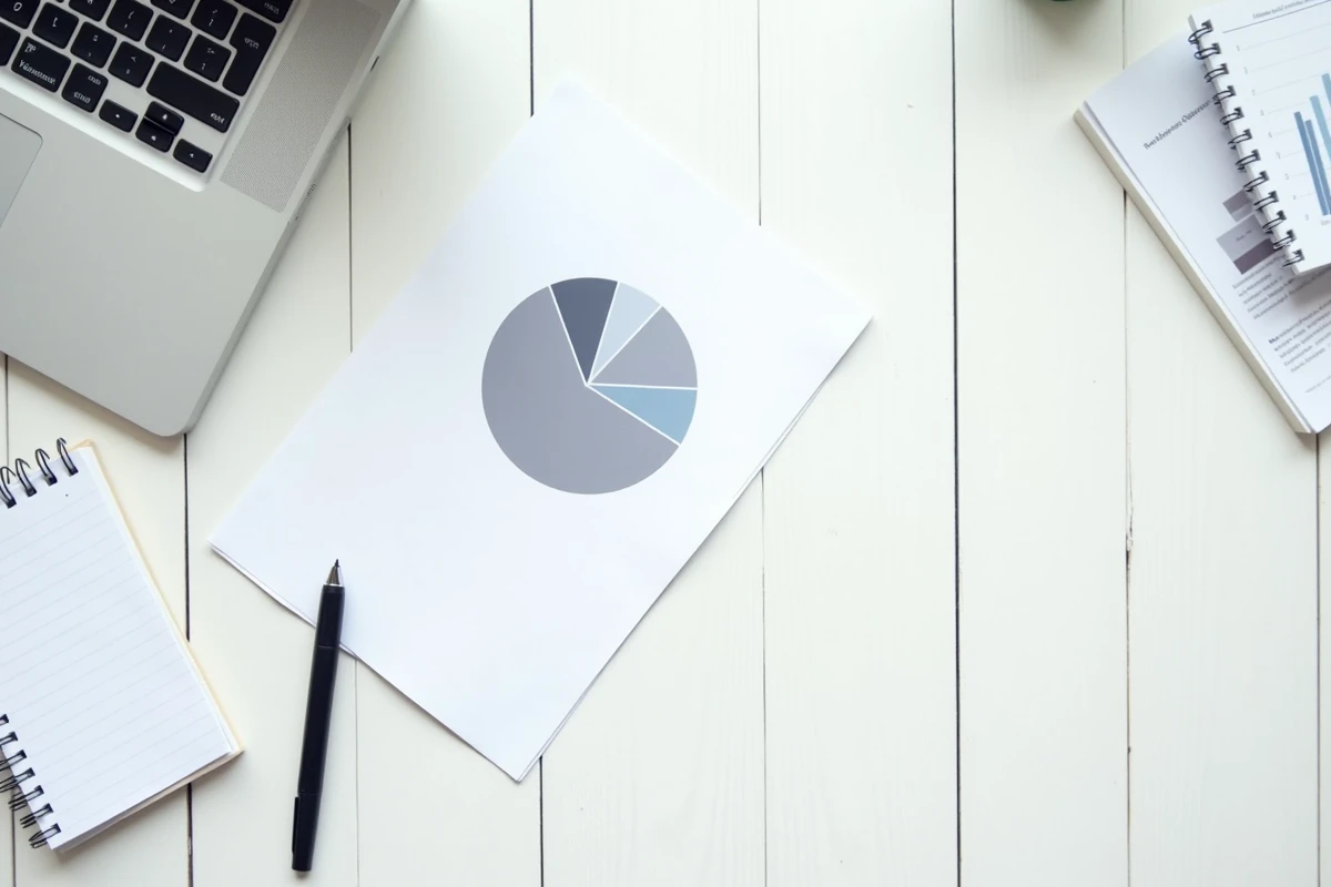 Vue aérienne d'une feuille imprimée de présentation PowerPoint avec un graphique camembert posée sur un bureau