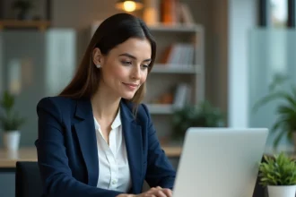 Femme utilisant le webmail académique de Grenoble sur un ordinateur portable dans un bureau universitaire moderne