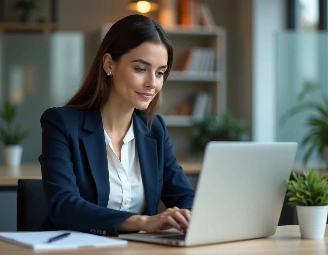 Femme utilisant le webmail académique de Grenoble sur un ordinateur portable dans un bureau universitaire moderne