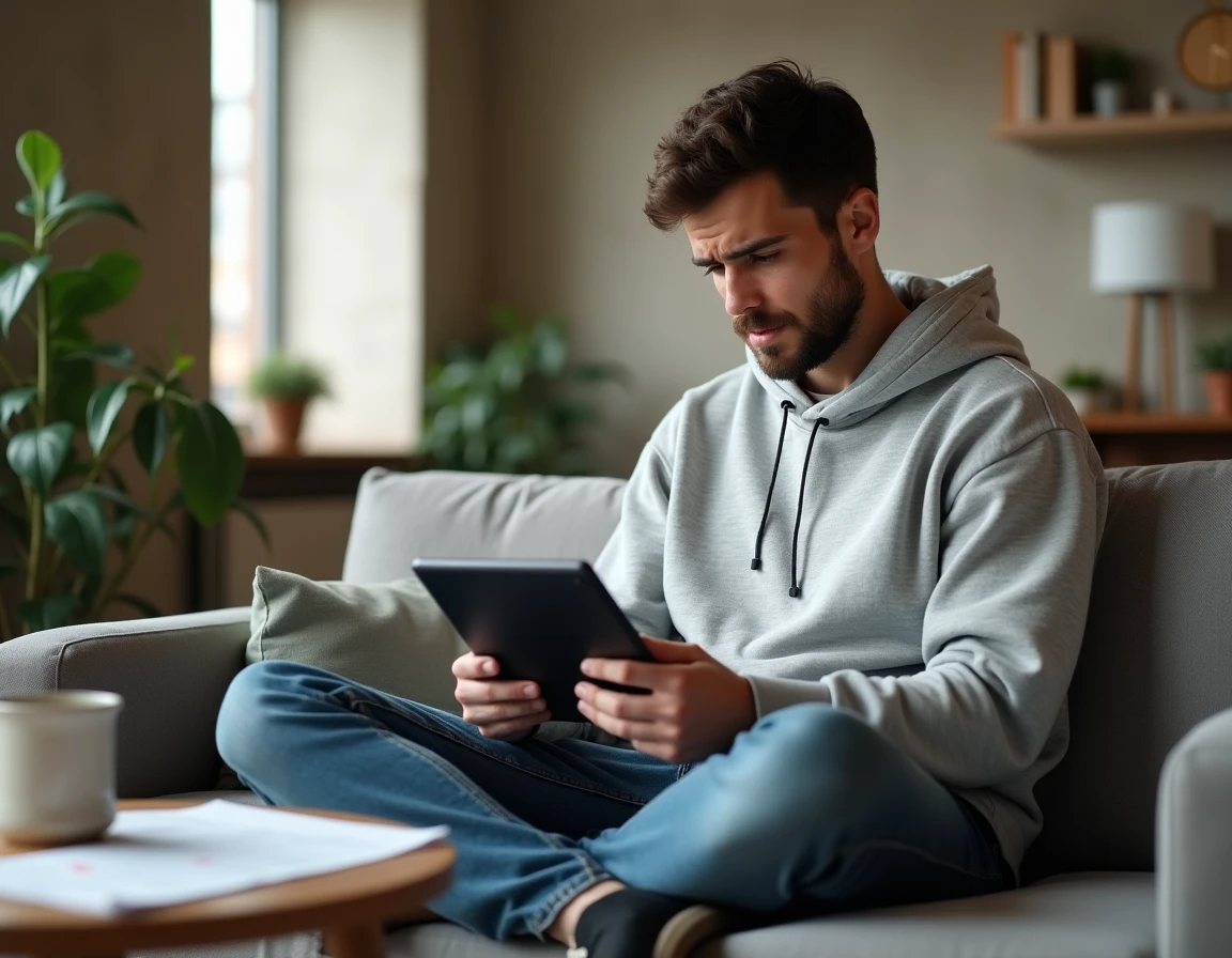 Jeune homme consultant le webmail de l'académie de Grenoble sur une tablette depuis son appartement